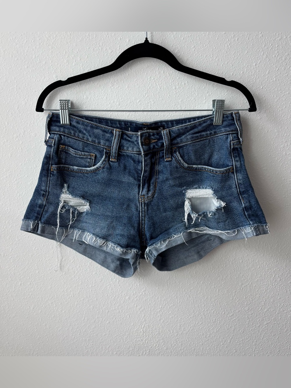 Hollister Low Rise Distressed Dark Blue Denim Shorts